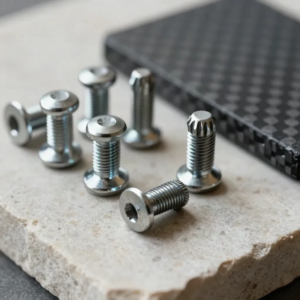 Titanium fasteners, knurled driver bit, and carbon-fiber trim sample on pale stone.