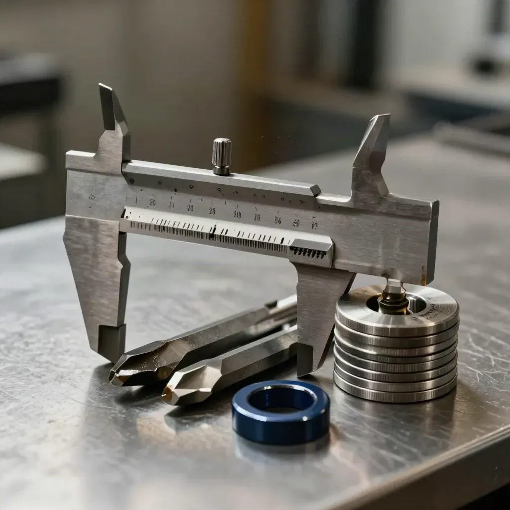 Steel calipers, torque bit and metal offcuts on brushed metal under dramatic side light.