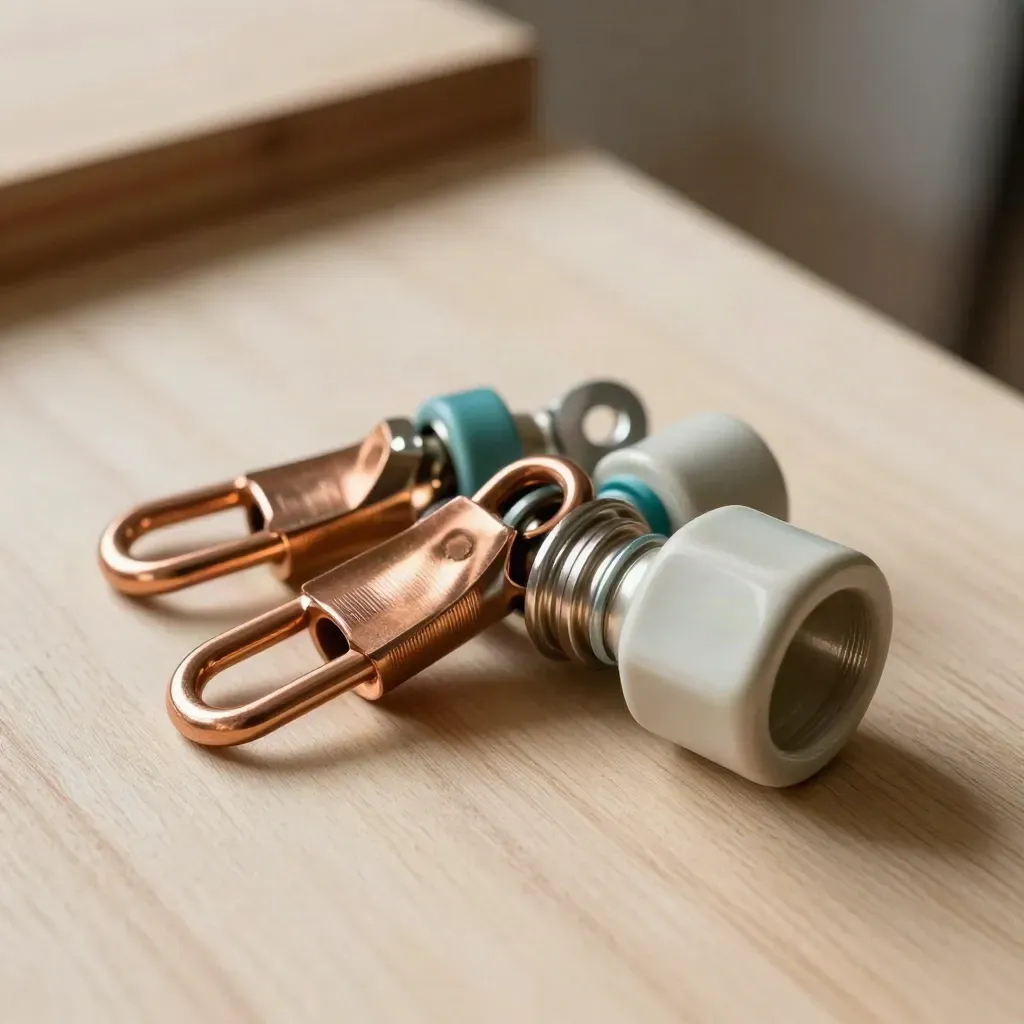 Cable lugs, ceramic insulators, and a conduit fitting on pale wood with teal accent.