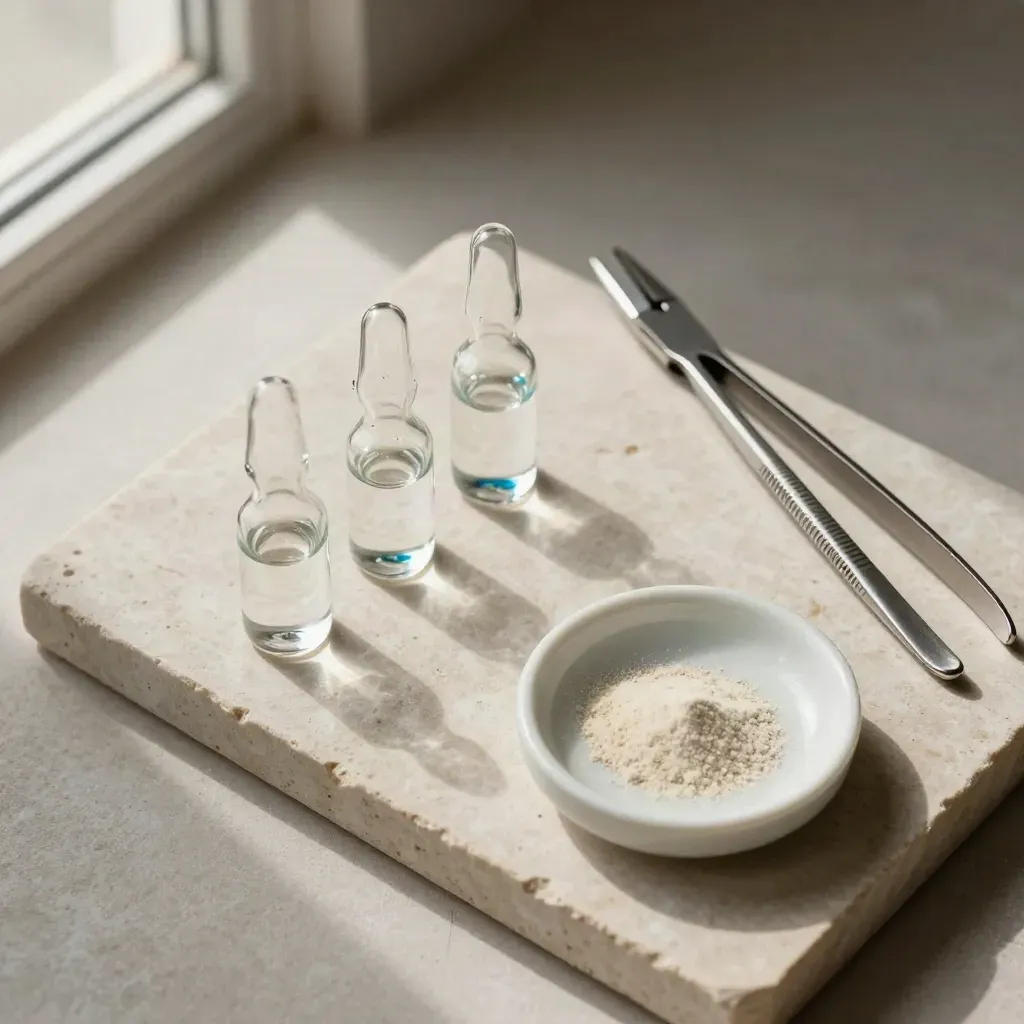 Sterile lab vials, steel forceps, and a ceramic weigh boat on pale stone in soft daylight.