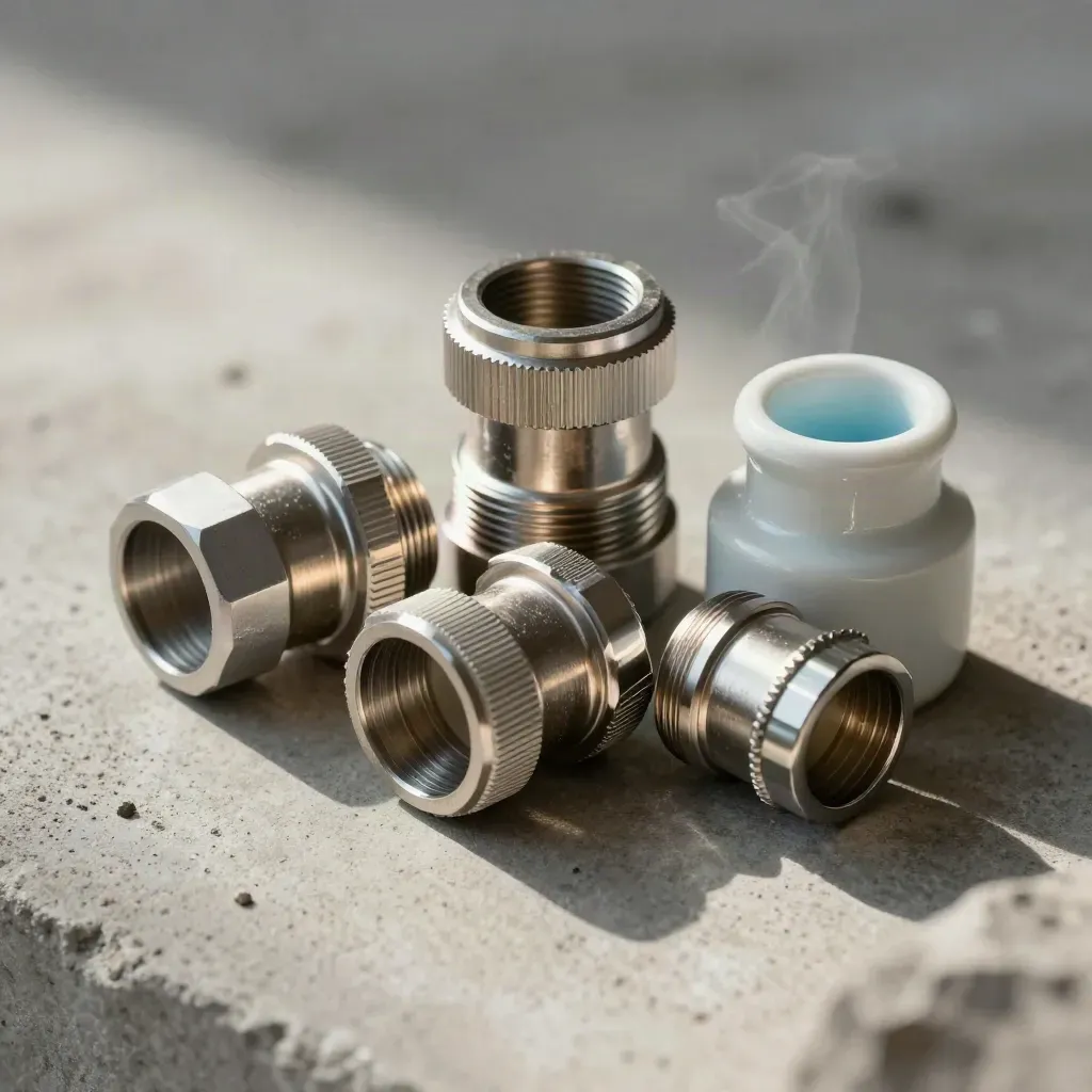 Top-down still life of conduit hardware on concrete, lit by cool soft daylight