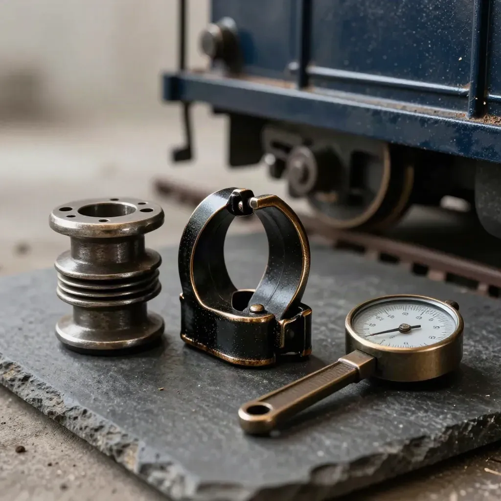Industrial coupling pin, track clamp, and inspection gauge on dark stone in dramatic studio light.