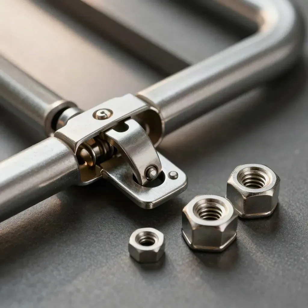 Macro of a server rail latch beside cage nuts and hex spacers on a graphite surface.