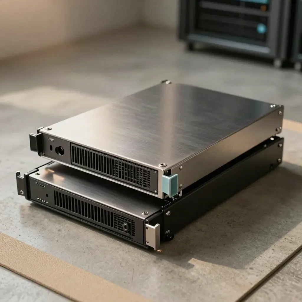Hot-swap server trays and blanking plate on concrete, top-down dramatic close crop.
