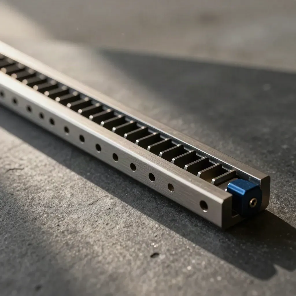 Macro of a perforated rack rail with cable combs on a matte stone surface