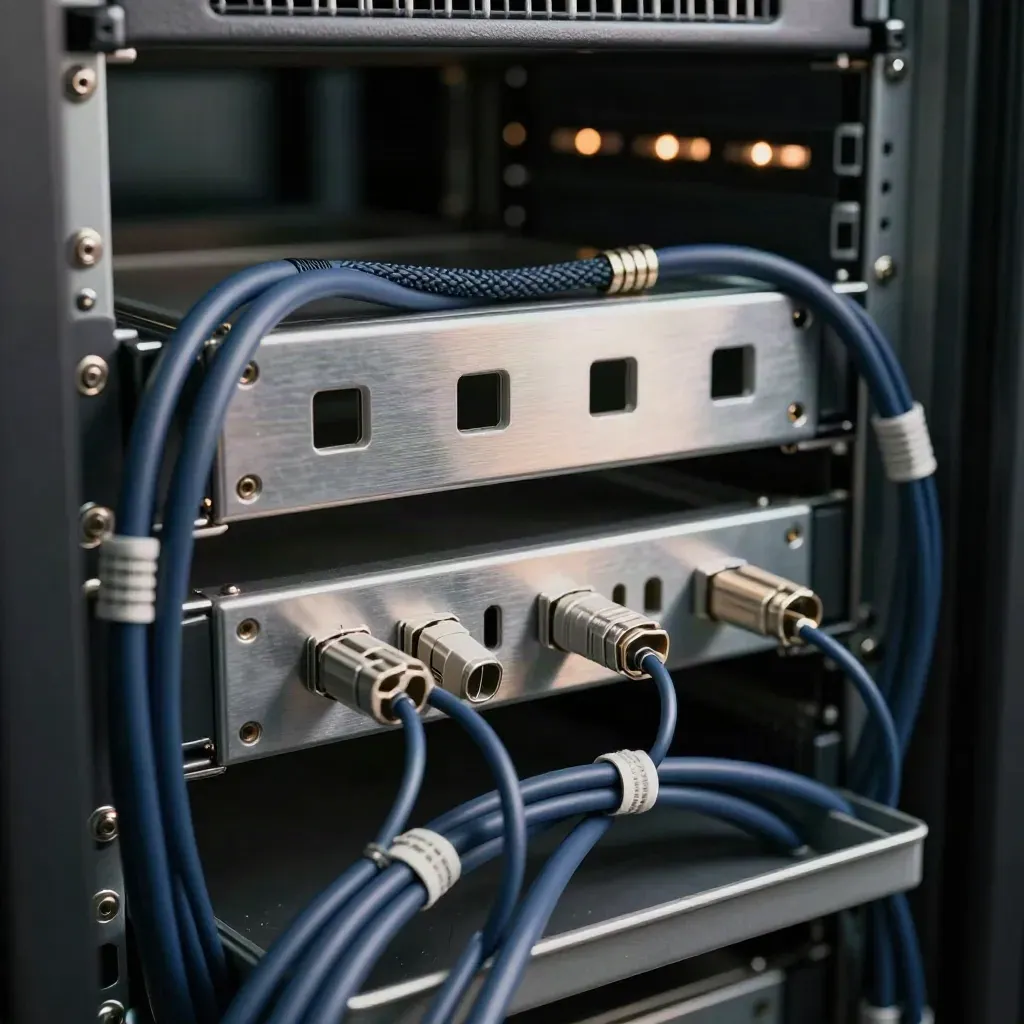 Server tray with organized cables, blanking panels, and patch leads seen through a blurred coil.