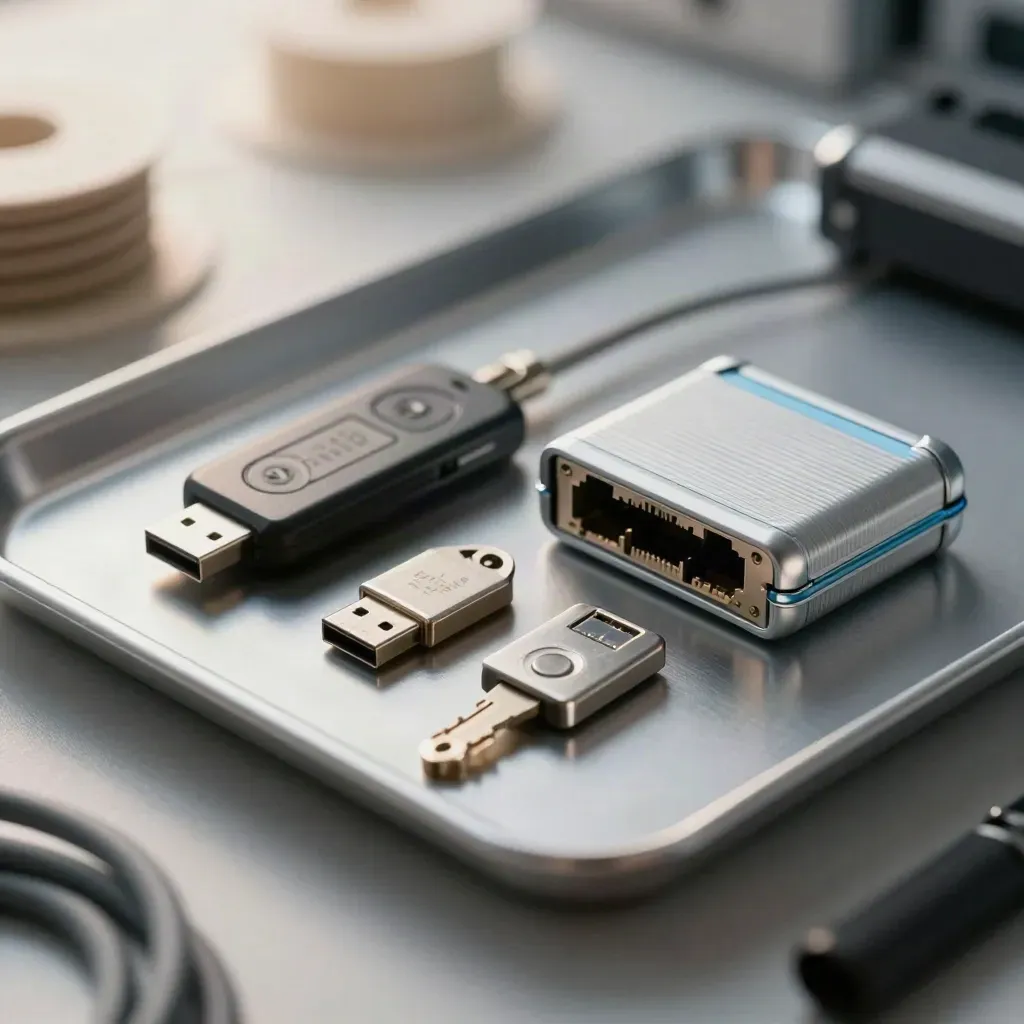 USB keys, ethernet adapter and folded toolkit beside a closed aluminum case on a lab tray.