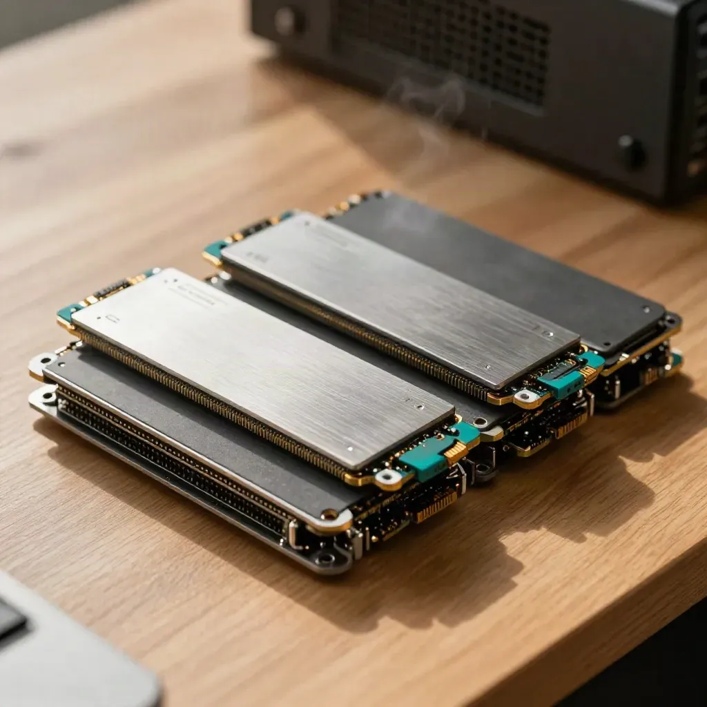 Top-down server nodes and NVMe caddies on warm wood with soft daylight and a teal pull tab.