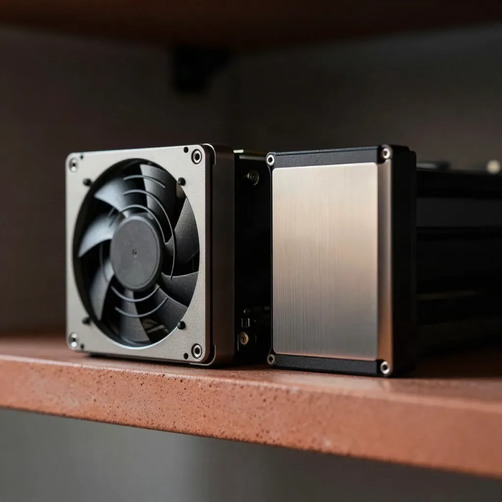 Server caddy, fan grille and SSD shell on terracotta concrete in moody bokeh light.