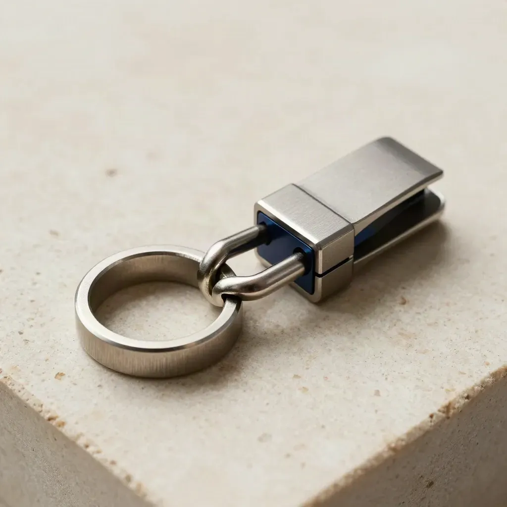 Brushed-steel rings, cable clip, and connector block interlocked on ivory stone in soft macro light.
