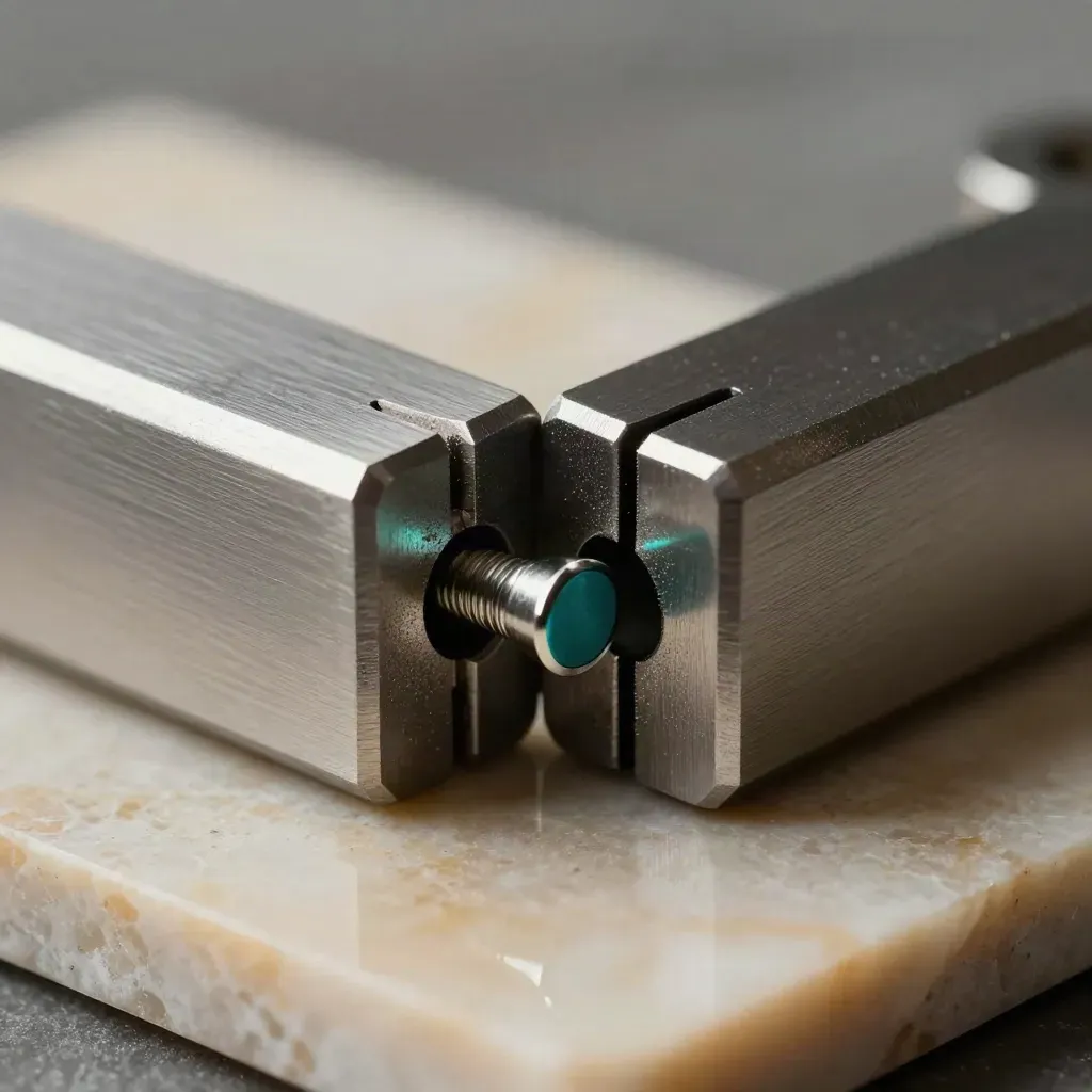 Interlocking machined blocks, dowel pins and a teal spacer on warm limestone in dramatic macro.