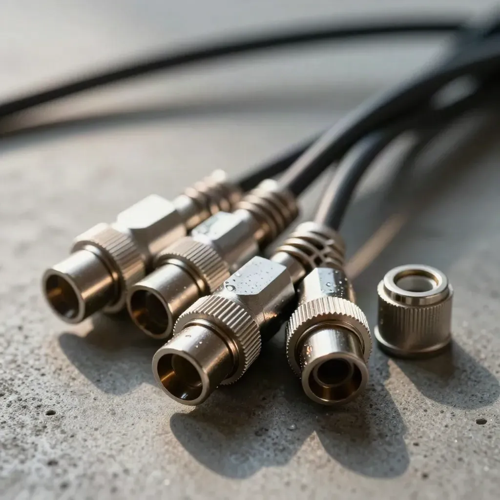 Overhead macro of sensor connectors and a cable splitter on cool concrete.