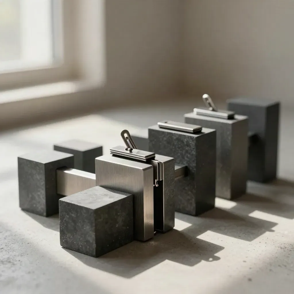 Graphite modular blocks and spring clips aligned on a stone surface