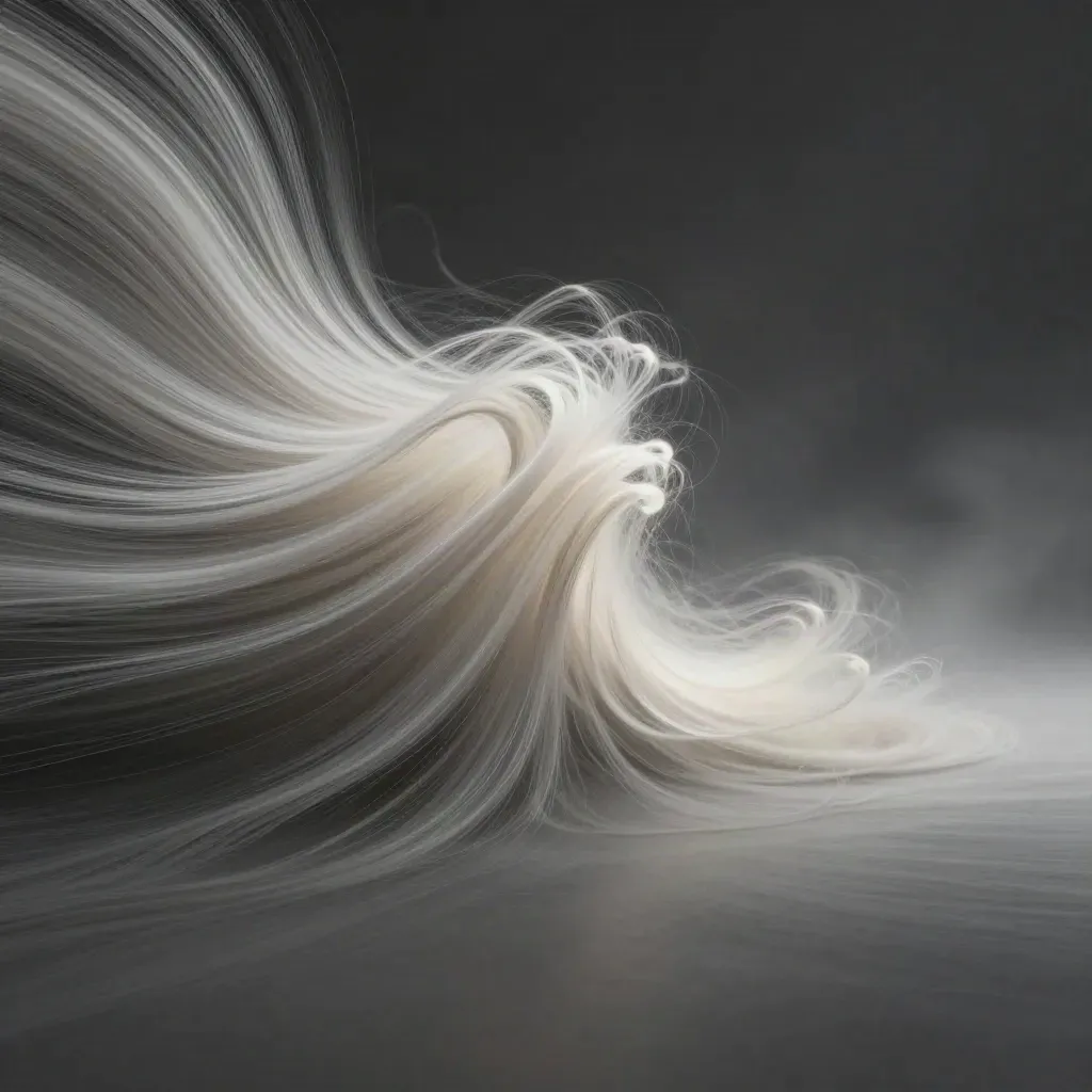 Abstract silver light filaments converge into a soft white bloom over graphite haze.